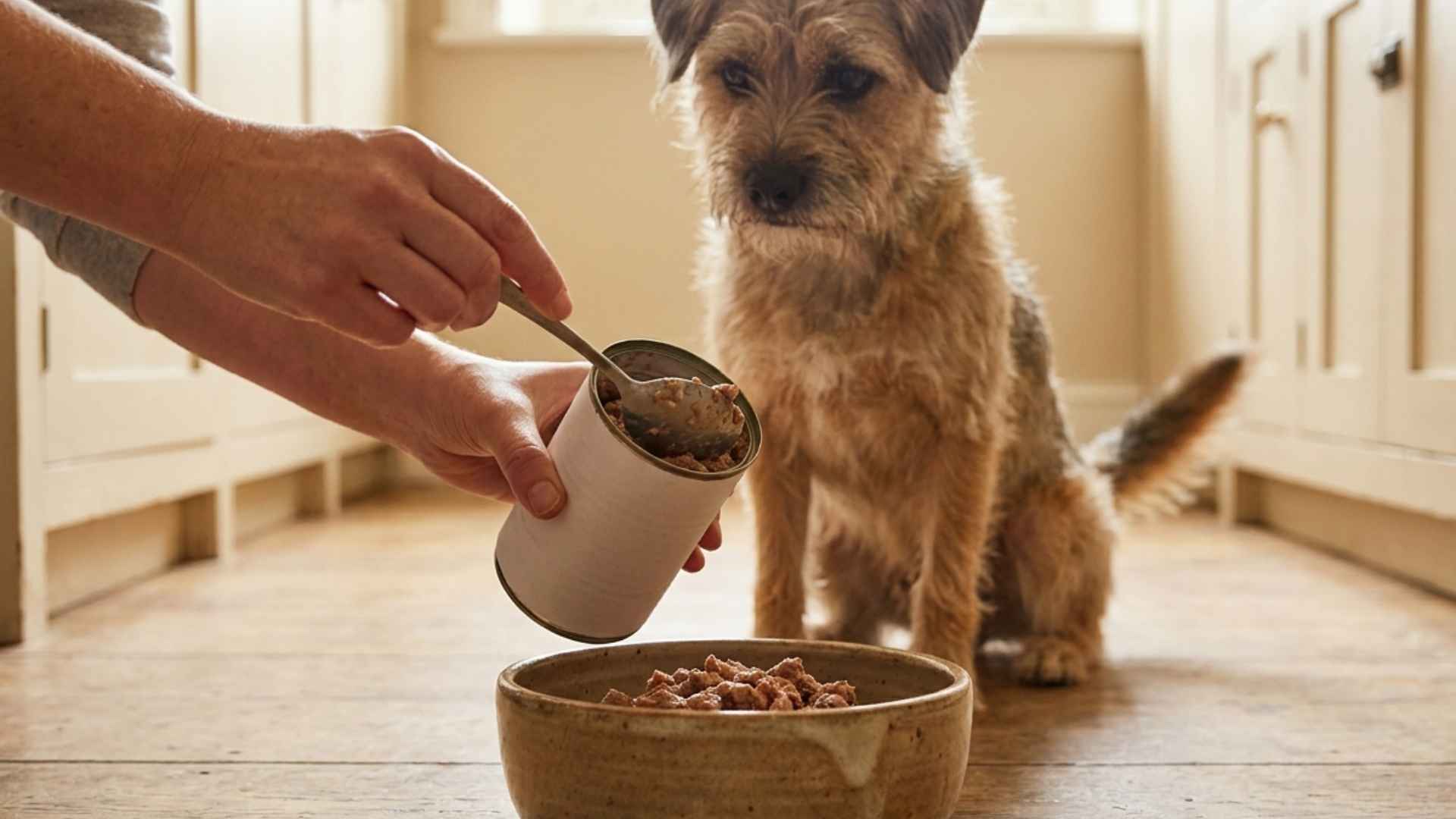 tutora sirviendo comida humeda a su perro